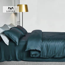 Lofuka-jogo de cama de luxo, azul escuro, 100% seda, queen, king, lençol reto, fronha, beleza, seda 2024 - compre barato