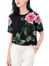 100% Mulberry Silk Tshirt Top Women Soft  Short-sleeved 2021 Summer Floral Flowers printed Women  Silk T-Shirt 2024 - buy cheap