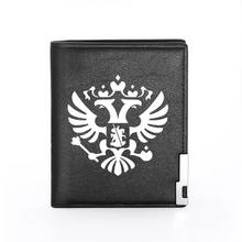 Carteira de couro masculina estampada com símbolos russos, alta qualidade, porta-cartão de crédito, curta, fina, bolsa para homens