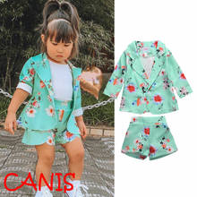 Casaco floral + shorts para meninas, conjunto de duas peças com gola virada manga longa para crianças de 1-5 anos 2024 - compre barato