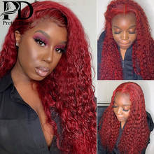 Peluca de cabello humano brasileño para mujeres negras, postizo de encaje frontal con ondas profundas Borgoña 99j, color rojo rizado, 150 de densidad 2024 - compra barato