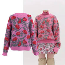 Suéter Vintage para mujer, Jersey elegante de moda, suelto, informal, Floral, cuello redondo, rosa y negro, Top de punto 2020 2024 - compra barato
