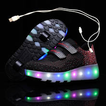 Детские светящиеся кроссовки с двумя колесами; Цвет черный, красный, розовый; Обувь для катания на роликах; Детская обувь с подсветкой для мальчиков и девочек; Зарядка через USB 2024 - купить недорого