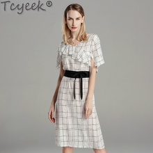 Tcyeek-vestido De seda auténtica para mujer, ropa elegante a cuadros, blanca, escote en V, volantes, LWL1834, 100% 2024 - compra barato