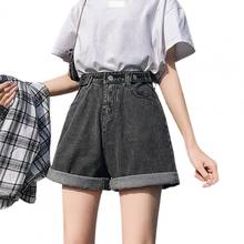 Shorts feminino jeans com múltiplos bolsos cintura alta botão perna larga combinação folgado casual 2024 - compre barato