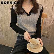 ROENICK-suéteres con cuello en V para mujer, suéter con paneles de retales, ropa de ocio corta, elegante y Simple 2024 - compra barato
