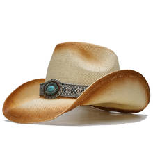 Turquoise Band Casual Hollowed Out Women Men Unisex's Retro Raffia Straw Wide Brim Beach Cowboy Cowgirl Western Sun Hat (58cm) 2024 - buy cheap