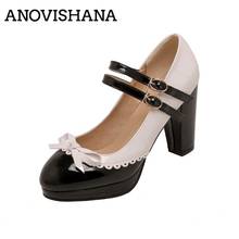 ANOVISHANA New 2021 Ladies Pumps Round Toe 9.5cm Block Heels Buckle Bowtie Platform Patent Leather Patchwork Stylish S2132 2024 - buy cheap