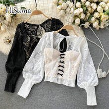 2021 spring new female square collar lantern sleeve hollow out Drawstring backless lace shirts women elegant blouses chic shirt 2024 - buy cheap