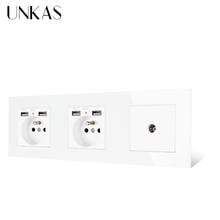 UNKAS-Panel de vidrio doble, enchufe estándar francés con 4 puertos de carga USB + 1 Banda, conector hembra para TV y televisión 2024 - compra barato