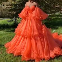 Шикарное огненно-оранжевое Многоярусное платье-пачка для выпускного вечера 2020 платья для выпускного вечера с пышными рукавами с открытыми плечами вечернее платье 2024 - купить недорого