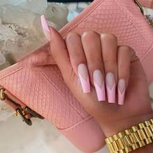 24 pcs pink fake nails with designs long coffin french ballerina false nails artificial nail art tips press on nails for women 2024 - buy cheap