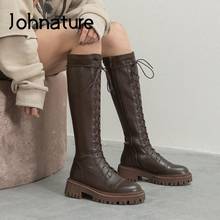 Женские ботинки на молнии Johnature, длинные ботинки из натуральной кожи, на шнуровке, с круглым носком, ручной работы, на платформе, для зимы, 2021 2024 - купить недорого