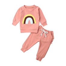 Conjuntos de roupas manga longa com estampa de arco-íris para crianças e bebês, meninos e meninas, 0-3 anos, rosa, tops + calças com babados 2024 - compre barato
