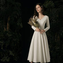 Beach Wedding Dresses With Button 2020 Vestido de novia Long Sleeves Satin Bridal Gowns Middle Length 2024 - buy cheap