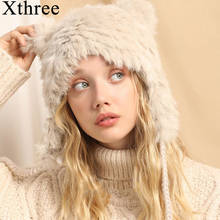 Xthree-gorro de piel de conejo para mujer, gorros tejidos con orejeras, estilo Bomber, con solapa en la oreja, informal, de invierno, Ruso 2024 - compra barato