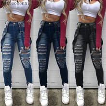 Mulheres verão macacão sexy denim macacão rasgado buracos casual jeans senhoras sem mangas macacões oco para fora macacão streetwear 2024 - compre barato