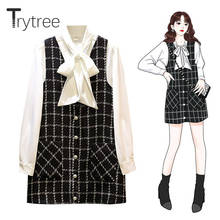 Trytree Autumn Women two piece set Single Breasted Casual Bow Blouse + Dress MIni Plaid Kintted Pockets Office Lady 2 Piece Set 2024 - buy cheap