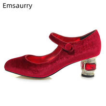 Zapatos de tacón de terciopelo rojo para mujer, calzado con diamantes de imitación, de piel auténtica, para banquete, punta redonda 2024 - compra barato