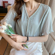 Blusa feminina de chiffon com decote em v, camisa de verão para mulheres com manga flare 2024 - compre barato