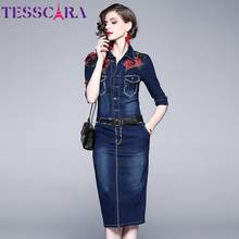 TESSCARA Women Autumn Elegant Appliques Denim Dress Shirt High Quality Vintage Pencil Party Robe Femme Floral Designer Vestidos 2024 - buy cheap