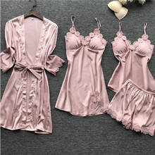 Women's 4pcs Silk Satin Pajama Set Sexy Cami Top Nightgown Lace Sleepwear Robe Sets Nightdress with Chest Pads Pyjamas femme 2024 - buy cheap