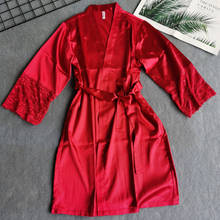 Daeyard-Bata de noche corta de seda, Kimono liso, bata de baño Sexy de encaje, pijama de satén para novia y dama de honor, ropa de dormir 2024 - compra barato