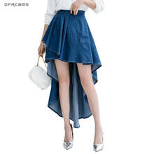 Синяя винтажная Асимметричная джинсовая юбка с оборками 2020 Летняя Повседневная Женская плиссированная юбка с высокой талией 2024 - купить недорого
