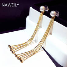 Hipérbole-pendientes largos con perlas de imitación para mujer, aretes colgantes, Color dorado y plateado, joyería 2024 - compra barato