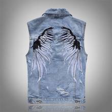 Hot New Men's Ripped Denim Vests with Wings Embroidery Hi Street Distressed Denim Sleeveless Jacket Waistcoat Plus Size M-5XL 2024 - buy cheap