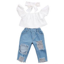 Комплект из 3 предметов; модные топы с открытыми плечами для маленьких девочек; джинсовые штаны; джинсы; комплект одежды для детей 1-6 лет 2024 - купить недорого