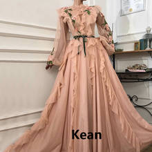Peach Evening Dress v Ruffle Lace Puff Sleeve Special Occasion robe soiree Islamic Dubai Kaftan Saudi Arabic Boho Prom Dress 2024 - buy cheap