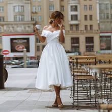 Vestido de noiva curto, branco/marfim, longo, casamento, plus size, ombro nu, gola v, linha a, cetim 2024 - compre barato