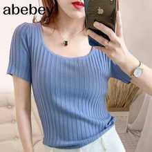 Strips T-shirts Women Square neck Plain Tees Solid Cotton Short Sleeve Tee Cottons Summer T-Shirts For Womem 2021 Summer 2024 - buy cheap