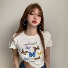 Camiseta con estampado de mariposa para mujer, Tops cortos informales de manga corta con cuello redondo, camiseta coreana Harajuku para mujer 2024 - compra barato