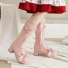 2020 Autumn Winter Fashion Princess Lolita Mid Calf Boots Girls JK Cosplay Wedding Party Shoes Cross Tied Bow Design Pink Female 2024 - buy cheap