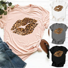 Umeko-Camiseta con estampado de leopardo para mujer, blusa con beso de labios para mujer, camisetas de manga corta con cuello redondo, camiseta informal de color Burdeos de talla grande 2020 2024 - compra barato