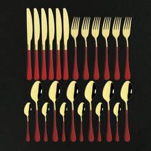 24PCS Luxury Flatware Set Gold Polish Red Handle Stainless Steel Dinner Knives Forks Tablespoons Food Silverware Dinnerware Set 2024 - buy cheap