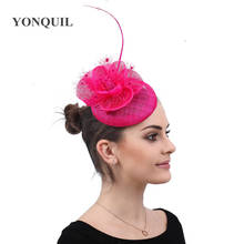 Sinamay chapéu fascinator de casamento feminino, chapéu elegante rosa quente chapéu fedora para mulheres vestido formal chapéu de igreja com prendedor de cabelo 2024 - compre barato