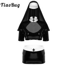 TiaoBug Women Sexy Cosplay Naughty Nun Halloween Roleplay Party Outfit Half Sleeves Crop Top with Mini Skirt and Headpiece Set 2024 - buy cheap