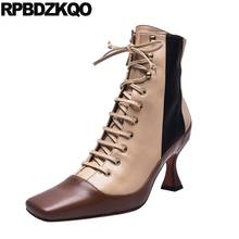 High Quality Lace Up Shoes Stiletto Square Toe Ankle Retro Women Fur Patchwork Genuine Leather Side Zip Boots Short Booties Heel 2024 - buy cheap