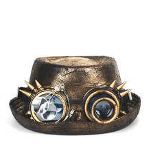 Sombrero Steampunk de cuero para hombre, sombrero Fedora de Pie de cerdo dorado, gafas de engranaje, sombrero de copa plano para caballero, jugador, sombrero de Cosplay, 100% 2024 - compra barato