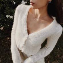 Neploe V образным вырезом мохеровые вязаные женский свитер, кардиган одноцветное однобортное дизайн с длинным рукавом Pull Femme пальто на весну и осень 2020 Новый 2024 - купить недорого