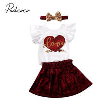 2020 Baby Summer Clothing 3PCS Toddler Kids Baby Girl LOVE Heart Tops Romper Velvet Skirts Headband Outfits Clothes 2024 - buy cheap