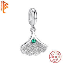 925 Sterling Silver Luxurious Ginkgo Leaf Charm With Platinum Plated Clear Zircon Natural Plant Bead Fit original Bracelet  Gift 2024 - buy cheap