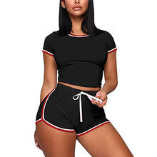 New Fashion Women Ladies Sport Casual Solid Color Short Sleeve Pullover Top and High Waist Lace up Shorts 2pc Sets Black Blue 2024 - buy cheap