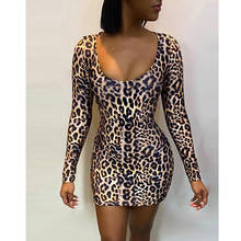 Mini vestido leopard de manga comprida, moda feminina casual para outono, gola redonda, vestido sexy de leopardo, para festa à noite 2024 - compre barato