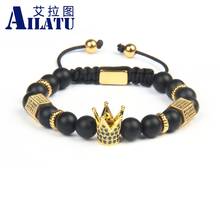 Ailatu Luxury Gold King Crown Charm Bracelet Men Stone Bead Braiding Pulseira Masculina Jewelry Stainless Steel Logo Rope Chain 2024 - купить недорого