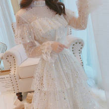 2019 Brand New Stars Sequins Mesh Dress Ruffles Stand Collar Layered Cake Dress Sweet Fairy Mesh Dress Midi Dress Vestidos 2024 - buy cheap