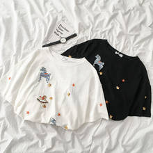 Camiseta de manga curta feminina de verão, camiseta solta e divertida de bordado com lantejoulas, moda coreana casual, 2021 2024 - compre barato